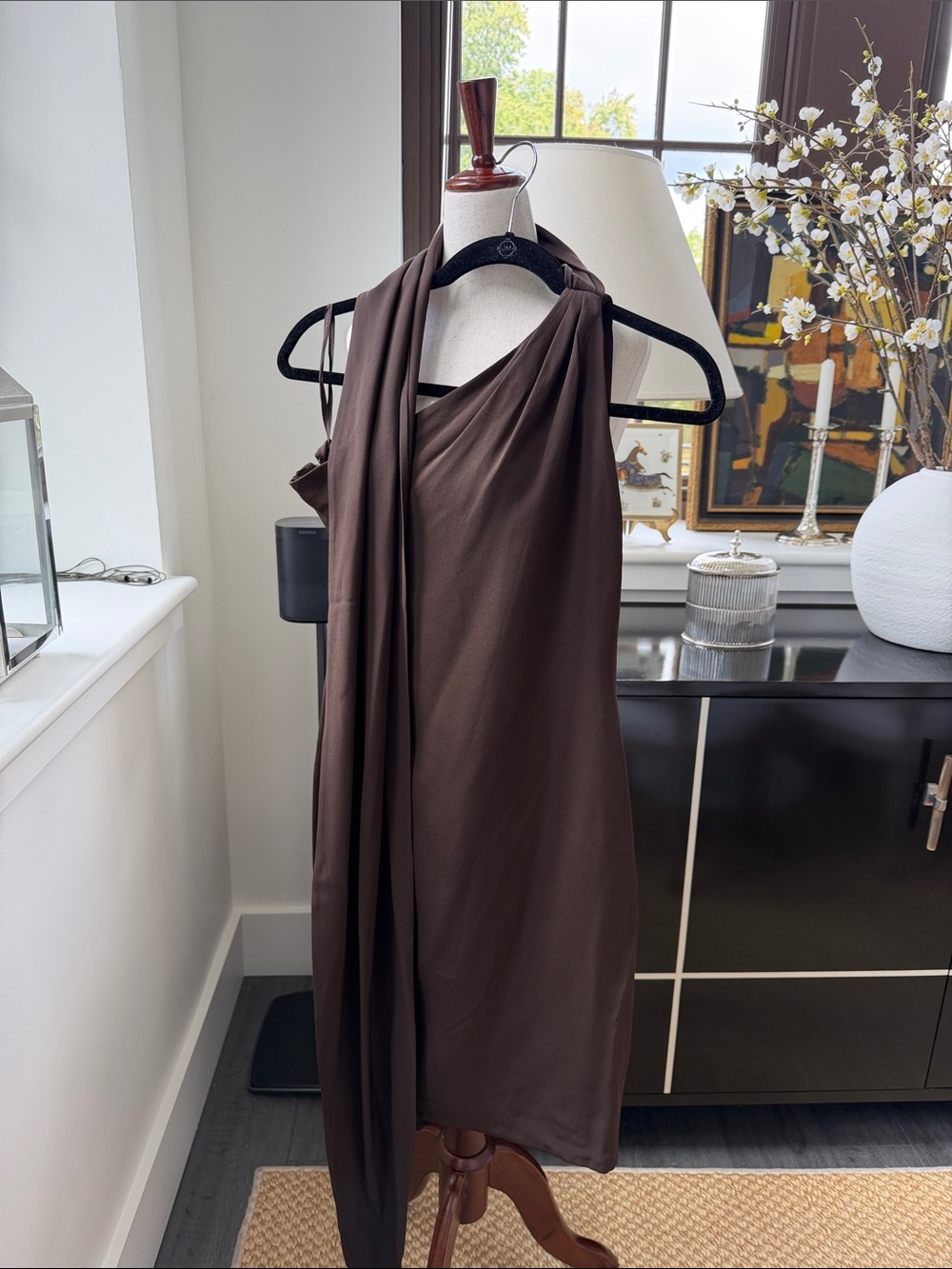 Vintage 80’s Bill Blass Brown Silk Crepe One-Shoulder Dress w/Attached Scarf S